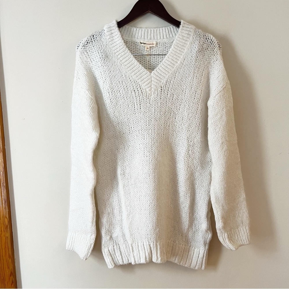 Koton White Wool Blend Tunic V-Neck Sweater Size XL NEW Open Knit Ribbed hem